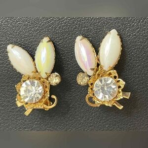 Midcentury Rhinestone Faux Opal Earrings Clip ons Gold tone Riveted
